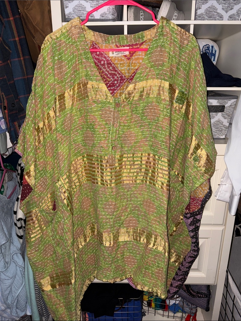 Kantha Bae Boho V-Neck Tunic Top in Green and Gold